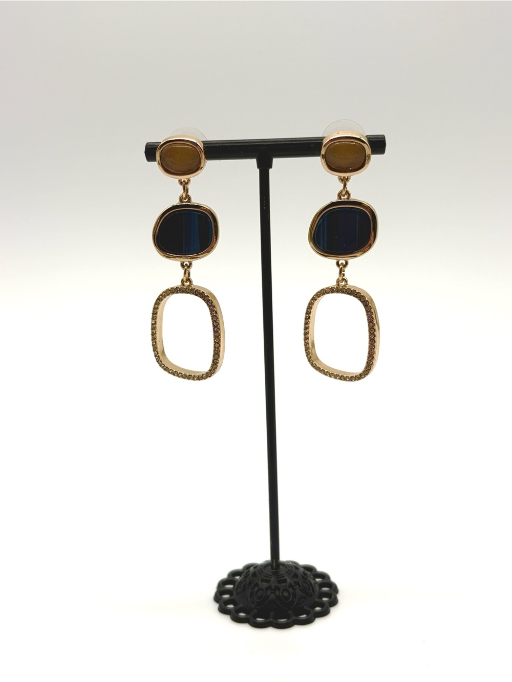 Gold Blue Tan Double Drop Dangle Earrings Crystal Pavé Statement